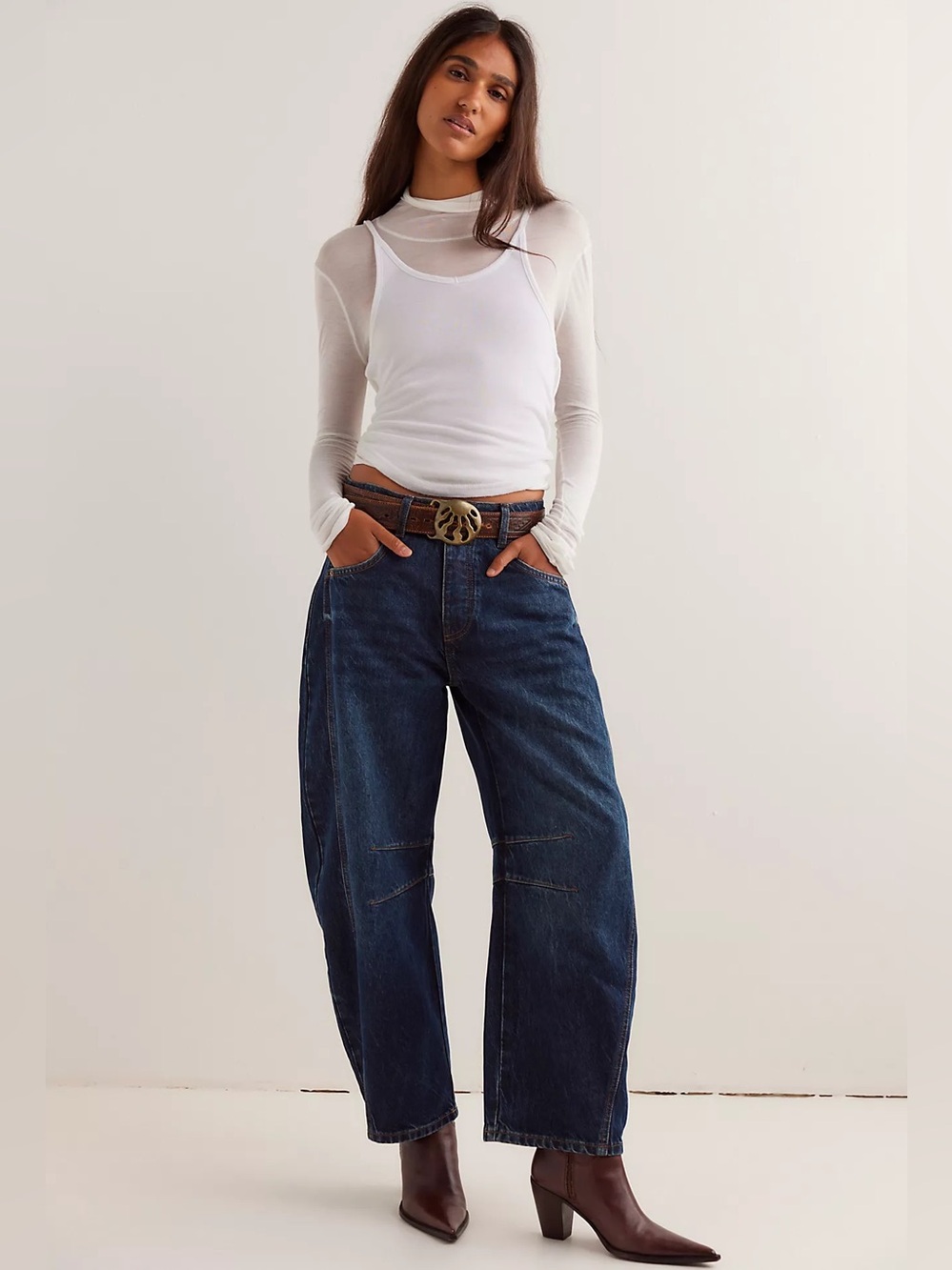 Free People We The Free Good Luck Mid Rise Barrel Dark Wash Denim Jeans 29 8